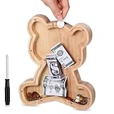 Tioncy 9.8 Inch Bear Wooden Piggy Bank with Screwdriver for Bear Saving Coin Box Transparent Acrylic Clear Piggy Bank for Birthday Gifts and Home Office