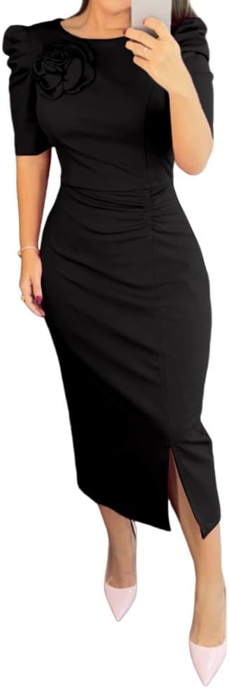 Women's Bodycon Midi Dress Ruched Puff Sleeve Cocktail Pencil Dress Casual Slit Party Work Dresses