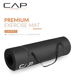 CAP Barbell Yoga Mat 1/2" Thick with Carrying Strap - High Density Exercise Mat for Yoga, Pilates, Stretching, Floor & Fitness Workouts - 68''x24''x1/2" | Black