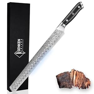 SENKEN 12″ Damascus Steel Brisket Knife – Shogun Collection – 67-Layer Japanese VG10 Steel w/Full-Body G10 Military Grade Handle – Ultra Sharp Carving Knife for Brisket, Meat, Roasts, and Large Fruit