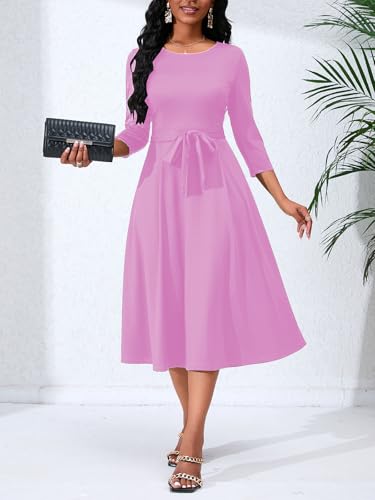 Image of PerZeal Women's Caual Midi Dress 3 /4 Sleeve Crewneck A-line Swing Dress for Women with Belt for Wedding Guest & Cocktail Party Pink Small