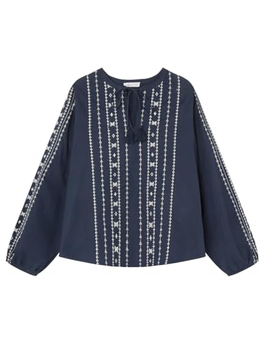 Springfield Blusa con Bordado Vertical y Cordones de Tejido Propio cenefas Boho, Azul Marítimo, 34 para Mujer