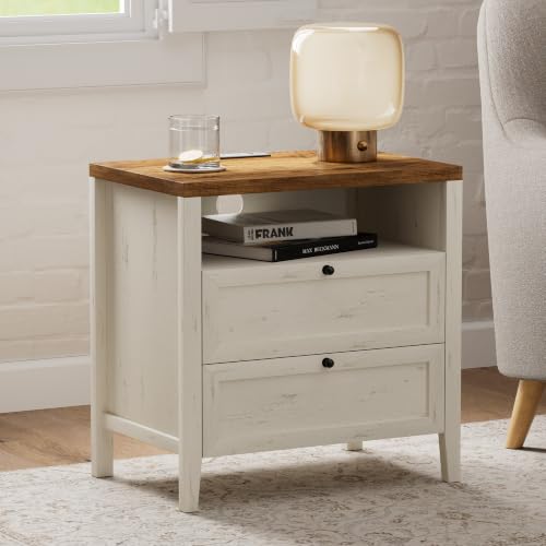 Image of EYYTHUNG Modern Nightstand with 2 Drawers Wooden End Table with Charging Station Farmhouse Night Stand Bedside Side Table with Storage Open Shelf for Sofa, Bedroom, Rustic White and Honey Brown