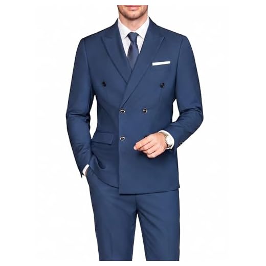 COOFANDY Conjunto de 2 peças de terno masculino trespassado slim fit smoking jaqueta e calça social para casamento, negócios, formatura, Azul marino, 56