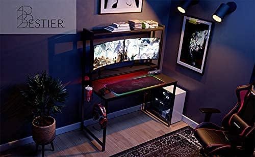 Bestier 47” Gaming Desk with LED Lights, RGB Map Mouse Pad Gamer Desk for Teens Bedroom Gaming Desk with Adjustable Shelves Hutch Headset Hook Cup Holder, Carbon Fiber
