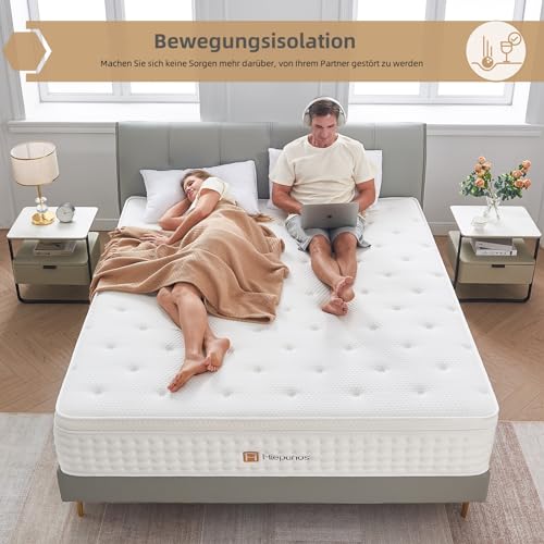 Hiepunos Matratze 160x200 cm 26cm Höhe 7-Zonen Federkernmatratze Orthopädische Taschenfederkernmatratze mit Comfort Memory-Schaum Schicht, Härtegrad H3, Rückenentlastende,100 Nächte Probeschlafen