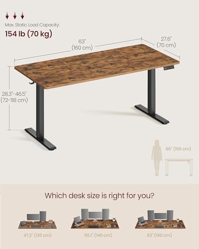 Image of VASAGLE Electric Standing Desk, Stand Up Desk, 4 Memory Heights, Sedentary Reminder, for Home Office, 63 x 27.6 Inches, Rustic Brown ULSD316KD02S