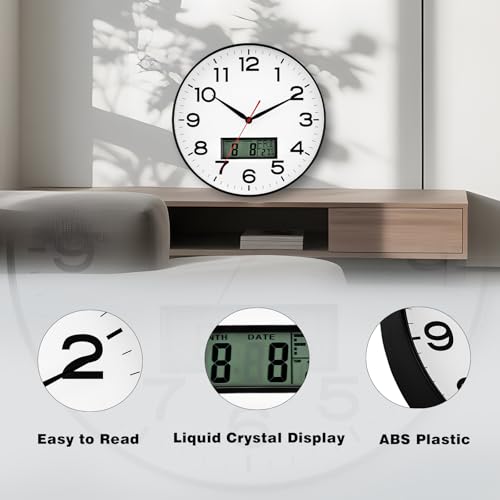 Image of AKCISOT Wall Clock 12 Inch, Non-Ticking Silent Battery Operated Analog with LCD Display for Perpetual Calendar and Temperature, Ideal Modern Decor for Home, Bedroom, Kitchen, Office (Black)