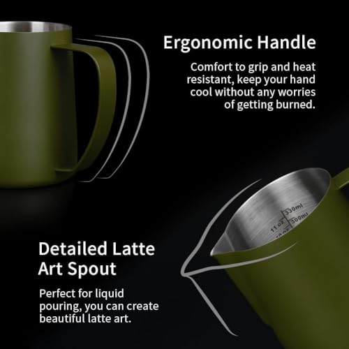 Image of watchget Stainless Steel Milk Frothing Pitcher 12oz /350ml - Espresso Steaming Pitcher for Cappuccino, Latte Art, Coffee Machine Accessories Milk Jug Coffee Frother Cup, Matte Green (Pack of 2)