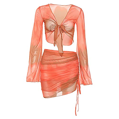 Image of Women's Sexy Long Sleeveless 2 Piece Sheer Mesh Cover Up Dress Crop Top Bodycon Ruched Mini Skirt Sets