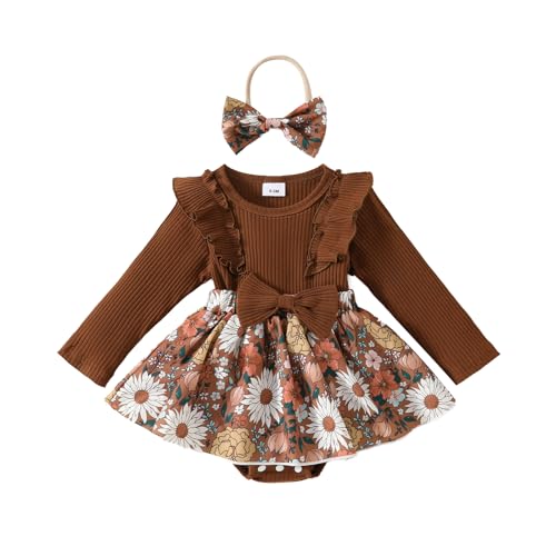 Image of Douhoow Baby Girl Fall Outfit Infant Baby Girl Romper Dress Baby Girl Floral Romper Festival Clothes with Headband