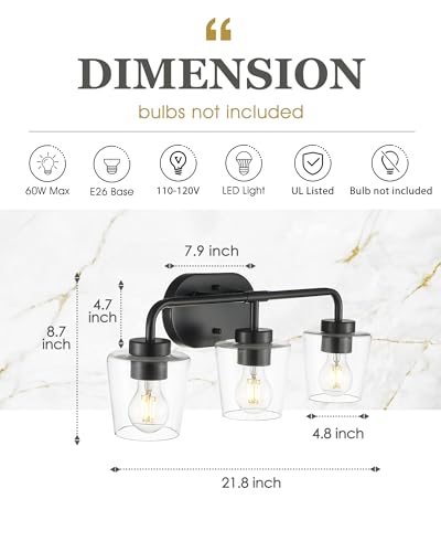 Image of 3-Light Matte Black Bathroom Light Fixtures, AD-22004-3W-BK-C | Bathroom Vanity Lights Over Mirror with Clear Glass, Modern Vanity Lighting Fixtures