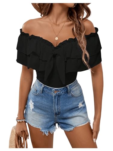 MakeMeChic Women's Off The Shoulder Tops Short Sleeve Tie Front Ruffle Layer Tee Shirts Blouse