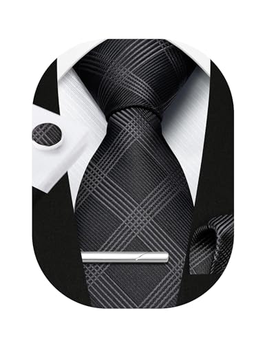 Image of HISDERN Plaid Ties for Men Classic Checkered Tie and Pocket Square Cufflinks Tie Clip Set Woven Men's Necktie Business