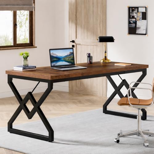 Image of Executive Computer Desk | Office Table for Home & Workstation, Wooden Study Desk | Laptop Table with Strong Metal Frame | Rustic Brown | 150x70x75cm