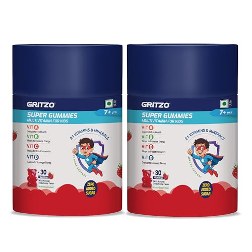 Image of Gritzo Super Gummies Multivitamin (7+y Kids) (Strawberry Flavour, 30 Gummies) | Zero Added Sugar, 21 Vitamins & Minerals | Pack of 2