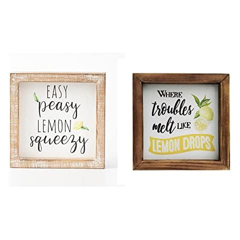 Lemon Kitchen Decor and Accessories, Rustic Farmhouse Wood Lemon Sign for Tiered Tray Decor Summer Home Decoration 6”x6” (Set) Cover