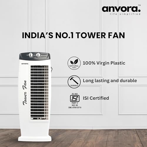 Image of ANVORA Breeze Max Tower Fan | High air throw of 2250 m3 /hr | TOP safety and 3 Speed - 2 Way Air Swing | 1 year warranty | Grey White