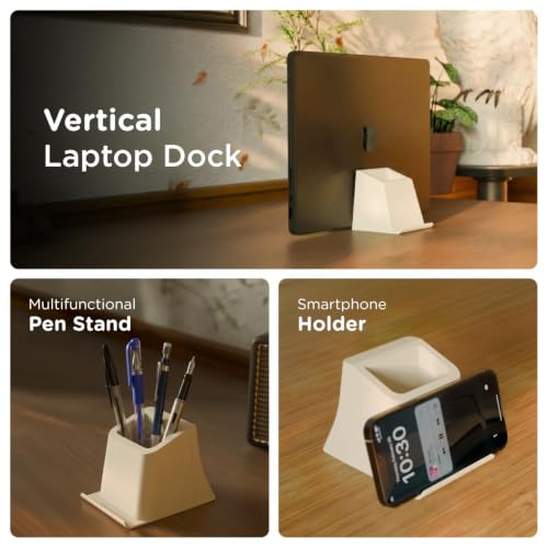Image of eo 3-in-1 Pen Stand for Table, Phone & Vertical Laptop Holder EZ Desk Beige | Retractable laptop dock, phone stand and deep stationery storage in one compact, stable desk organiser for office or study