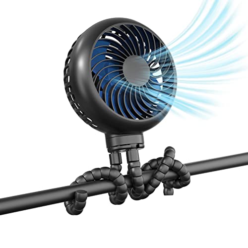 HandFan 4000mAh Battery Operated Stroller Fan Flexible Tripod Clip on Fan with 4 Speeds and Rotatable Max 31Hrs Handheld Personal Fans for Crib Car Seat Bike Treadmill (Black)