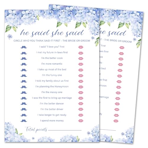 oayGnay Bridal Shower Games, He Said She Said, Blue Hydrangea Wedding Shower Game Cards, Bridal Shower Games 25 Guests for Wedding Party, Minimalist Engagement Party Supplies (5"x7") -10