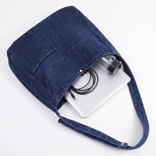 Image of Denim Shoulder Bag - Women's Retro Large Canvas Crossbody Tote Bag, Casual Style Lightweight