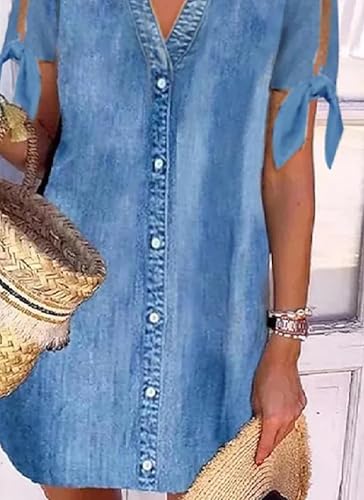 Babydoll Denim Dress for Women 2025 Summer Casual Bow Knot Short Sleeve V Neck Button Down Jean Shirt Mini Dresses4