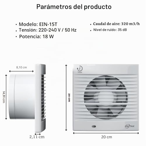 Miniatura 2 de Einttax 150 Mm Ventilador Extractor De Baño Aire, Silencioso Con Válvula Anti Retorno, Con Temporizador,Resistente Al Agua, Con Válvula Antirretorno, Para Baño, Cocina, Dormitorio, Garaje, Blanco