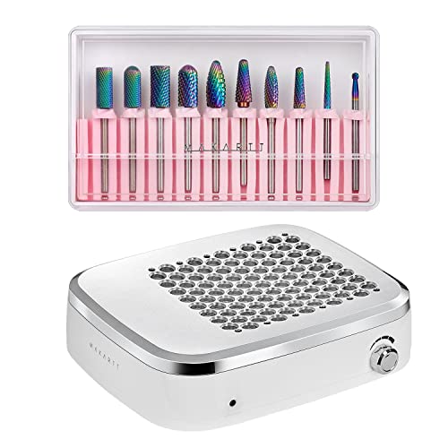 Makartt Nail Drill Bits Set with Rechargeable Nail Dust Collector Bundle, 10Pcs Tungsten Carbide Nail Drill Bits, Electric Nail Vacuum Dust Suction Extractor Fan