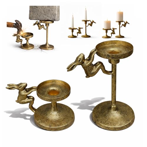 Set of 2 Cast Iron Climbing Bunny Candle Holders, Vintage Heavy-Duty Decorative Stands for 7/8" Taper Candlesticks and 3" Pillar Candles, Lively Easter & Spring Mantel Decor (Antique Brass)
