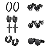 Hinvan 6 Pares Pendientes Hombre Acero Inoxidable Titanio Diamante Argollas Hipoalergénico Colgantes Pendientes de Aro Mujer Cruz Bola Circonita Piercing (Negro)
