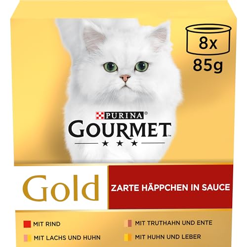Gourmet Gold Zarte Häppchen in Sauce Katzenfutter nass, Sorten- Mix, 12er Pack (12 x 8 Dosen à 85g)