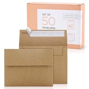 Sweetzer & Orange A2 Envelopes (50 with Box). Brown Envelopes Self Seal. Luxury 150gsm For Greeting Card Envelopes and…