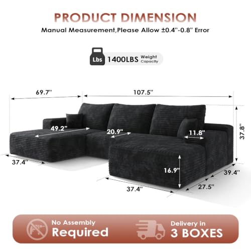 Image of Boneless Couch, Modular Sectional Couches for Living Room, U-Shaped Cloud Couch Sofa with Deep Seat, Fluffy Corduroy Upholstered Corner Sofa