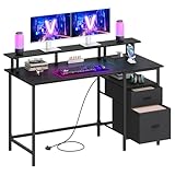 VASAGLE Gaming Desk with Power Strip, Computer Study Desk with Monitor Stand, Table with Storage, Fabric Drawers, 2 USB Ports, for Home Office, 140 x 60 cm, Ebony Black LWD094B01V1