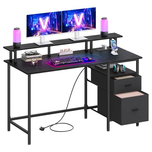 VASAGLE Gaming Desk with Power Strip, Computer Study Desk with Monitor Stand, Table with Storage, Fabric Drawers, 2 USB Ports, for Home Office, 140 x 60 cm, Ebony Black LWD094B01V1