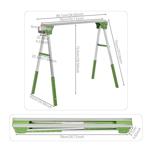 2 caballetes plegables de metal, caballete de batalla de 1200 kg, 2 x 4 brazos de apoyo, altura ajustable de 6 etapas (28-35 cm), soporte industrial en forma de A para talleres y obras de construcción