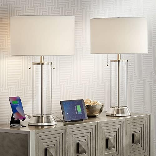 Possini Euro Design Fritz Coastal Table Lamps 26.5" High Set of 2 with USB and AC Power Outlet in Metal Base Glass Column Fabric Drum Shade for Living Room Bedroom Beach House Bedside Nightstand