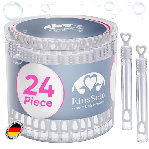 EinsSein 24x Bulles de Savon Mariage – Tubes Cœur Blanc | Bulles Transparentes en Plastique | Décoration Champêtre | Cadeaux Invités Mariage, Baptême,...