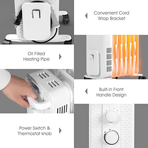 Tangkula 1500W Oil Filled Radiator Heater, Portable Space Heater Radiator W/ 3 Heating Modes & Adjustable Thermostat, Oil Radiant Heater W/ Tip-Over & Overheat Protection, Ideal For Home & Office (White) #TOP7