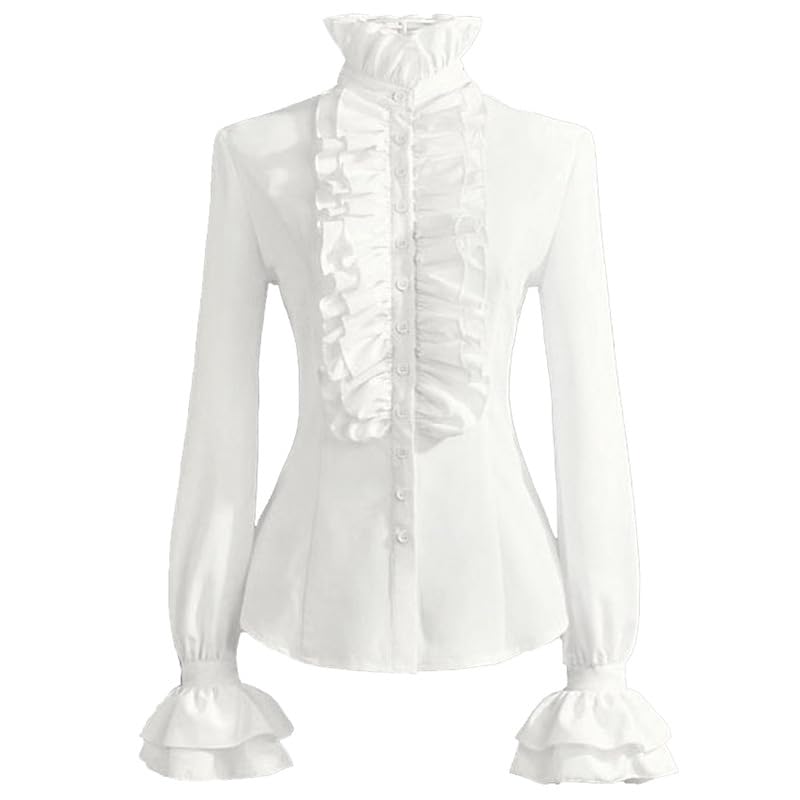 Camisas Mujer Manga Larga,Dames Vintage Victoriaanse Dubbele Ruches Shirt Blouse, Witte Opstaande Kraag Lange Mouwen Button-Down Tuniek Top Middeleeuwse Gotische Lolita Halloween Cosplay SH