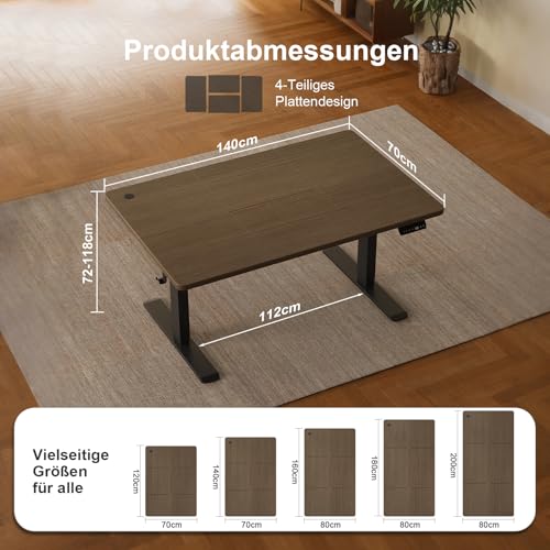 JUMMICO Höhenverstellbarer Schreibtisch 140×70 cm mit Kabelwanne & USB-A – Ansicht 4