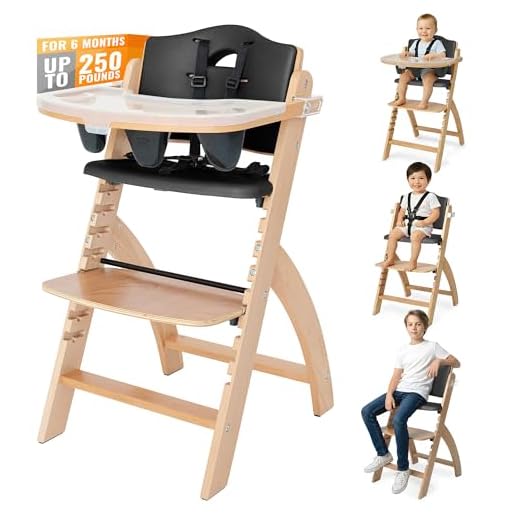Abiie Beyond Junior Wooden High Chair for Babies and Toddlers - Convertible 3-in-1 Baby Highchair with Removable Tray - 6 Months to 250 Lb - Water Resistant - Natural Wood/Black Pearl Cushion