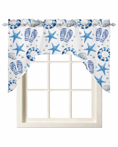 Image of Gifikkazinn Blue Starfish Swag and Valance for Bedroom Windows, Swimming Ring Slippers Conch Pearl Swag Valances Curtain Panel with Rod Pocket, Window Treatments Curtains Valance, 56 x 36 in