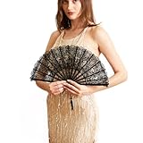 Happy Feather Lace Fan with Folding Handheld, Embroidered Flowers Pattern Hand Fans for Wedding Bridal Tea Dancing Party-Black