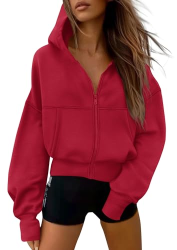 PRETTYGARDEN Womens Zip Up Y2K Hoodies 2026 Fall Fashion Long Sleeve Hooded Fleece Sweatshirts Casual Jacket Winter Clothes (Red Large)