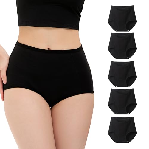 WEASIC Braguitas de algodón Premium para Mujer, Bragas de Cintura Alta Transpirables de Cobertura Total Suaves, Multicolor con Paquete múltiple (Paquete de 5, Negro, S)