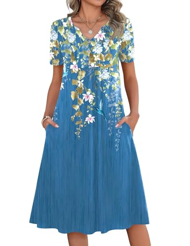 Zeagoo Ladies Dresses Casual Summer Midi Short Sleeve Sun Dress with Pockets Button Decor V Neck Sundresses Flowy Sundress