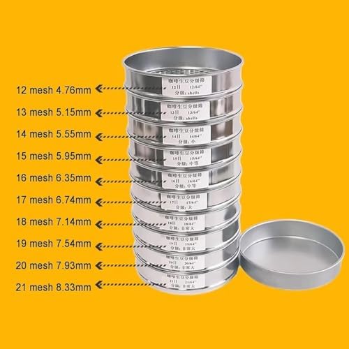 Premium Coffee Bean Grading Sieve Set - 10-Layer Stainless Steel Mesh (12-21 Mesh), 20cm Round Sieve with Bottom Tray for Coffee Enthusiasts - Perfect for Roasting and Brewing.