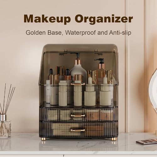 Image of Makeup Organizer Countertop Vanity with Transparent Lid Drawers Waterproof Dustproof Cosmetic Skincare Bathroom Storage Gift for Women Teens Girls (Clear Black)
